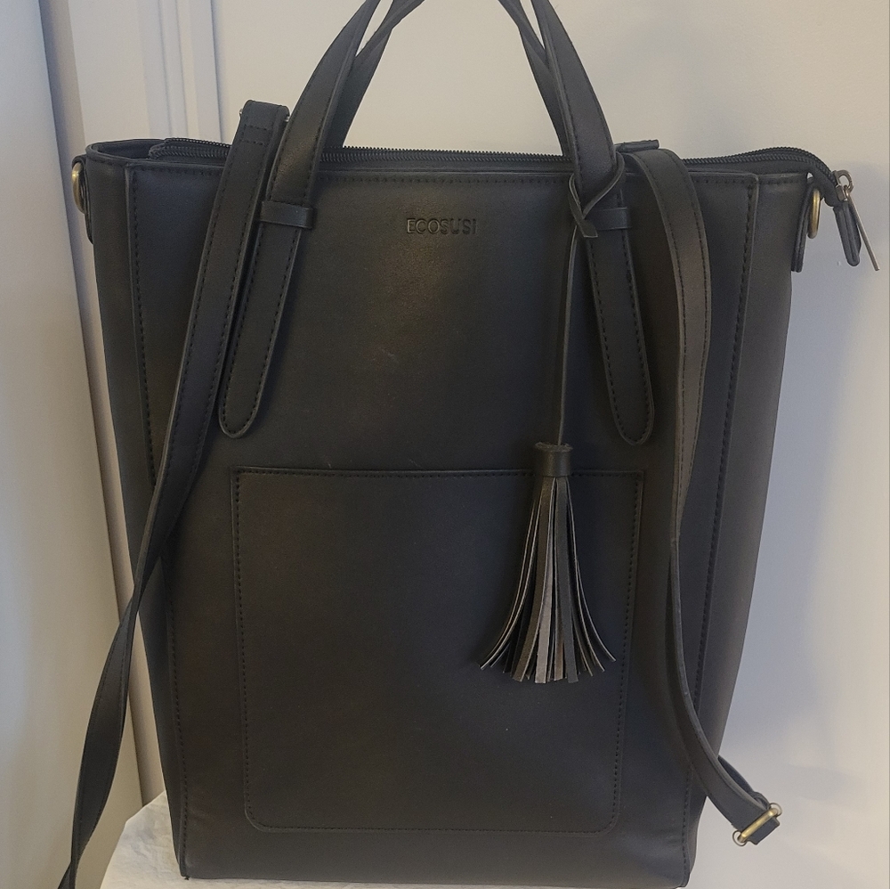 Workwear Black Faux Leather Backpack/ Convertible Tote Bag